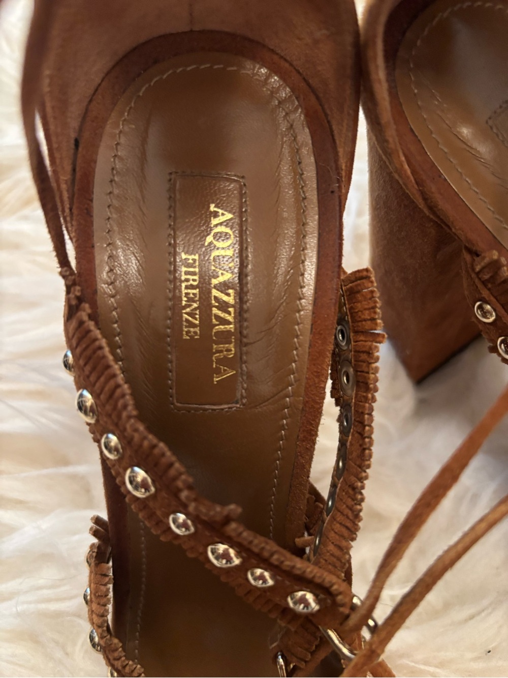 AQUAZZURA Tulum Brown Suede Fringe Lace-Up Sandals size 38 1/2 - Picture 5 of 8
